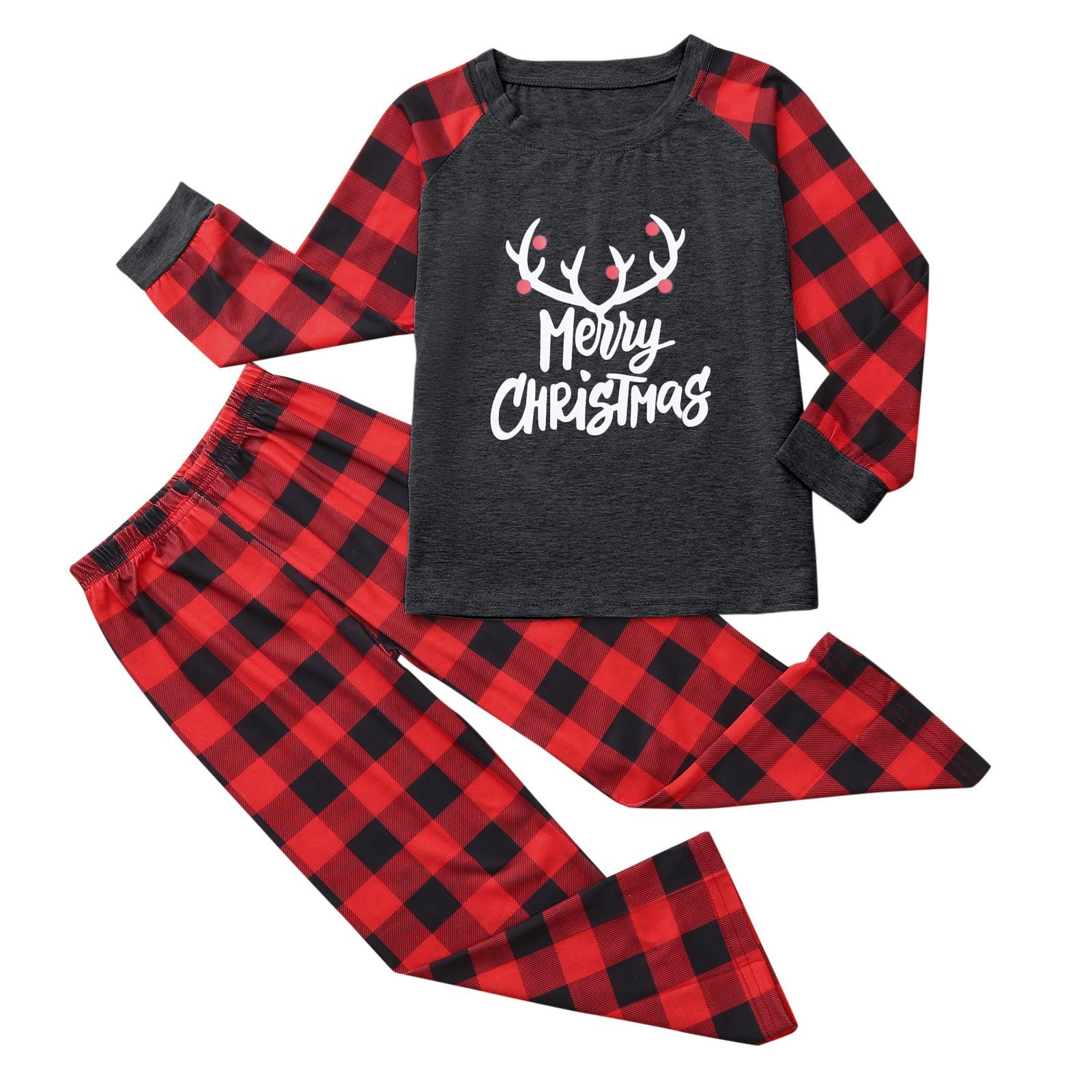 2022 New Merry Christmas Antlers Top And Plaid Pants Family Parent-child Pajamas Homewear