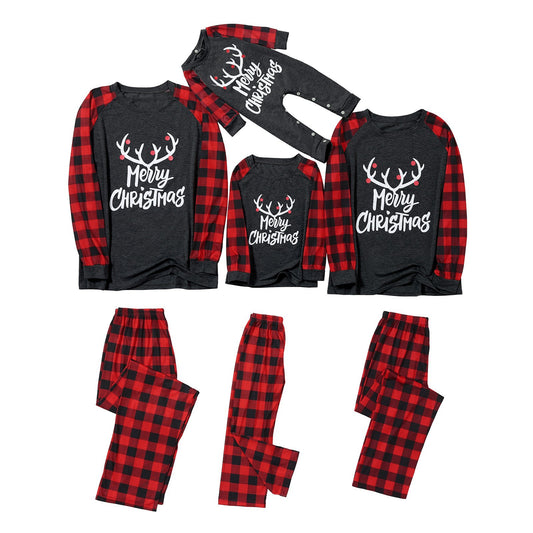 2022 New Merry Christmas Antlers Top And Plaid Pants Family Parent-child Pajamas Homewear