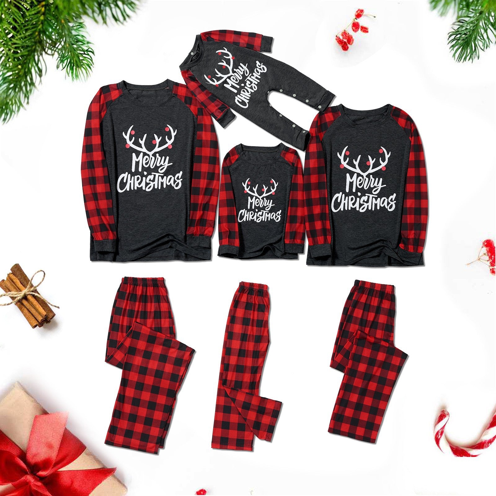 2022 New Merry Christmas Antlers Top And Plaid Pants Family Parent-child Pajamas Homewear