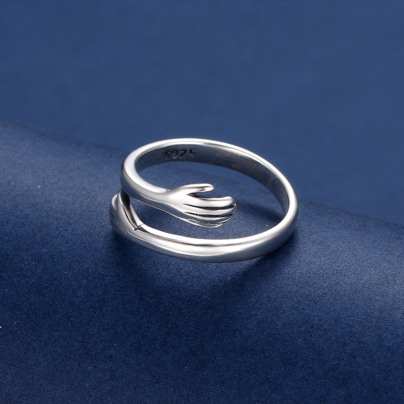 925 Sterling Silver Two-handed Hug Ring Female Retro Thai Silver Simple Ring