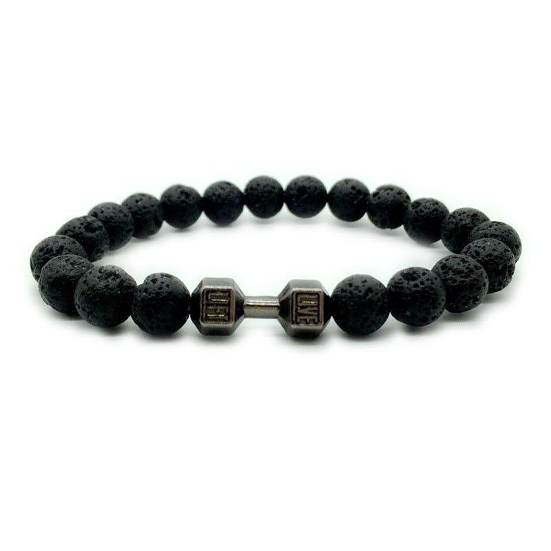 Mens Alloy Barbell Lava Rock Beads Dumbbell Bracelet
