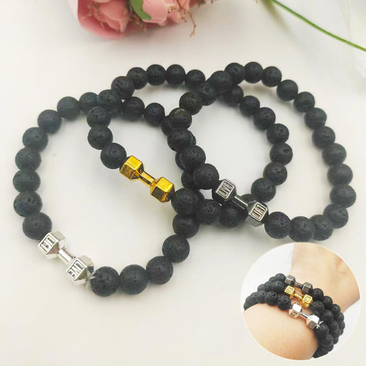 Mens Alloy Barbell Lava Rock Beads Dumbbell Bracelet