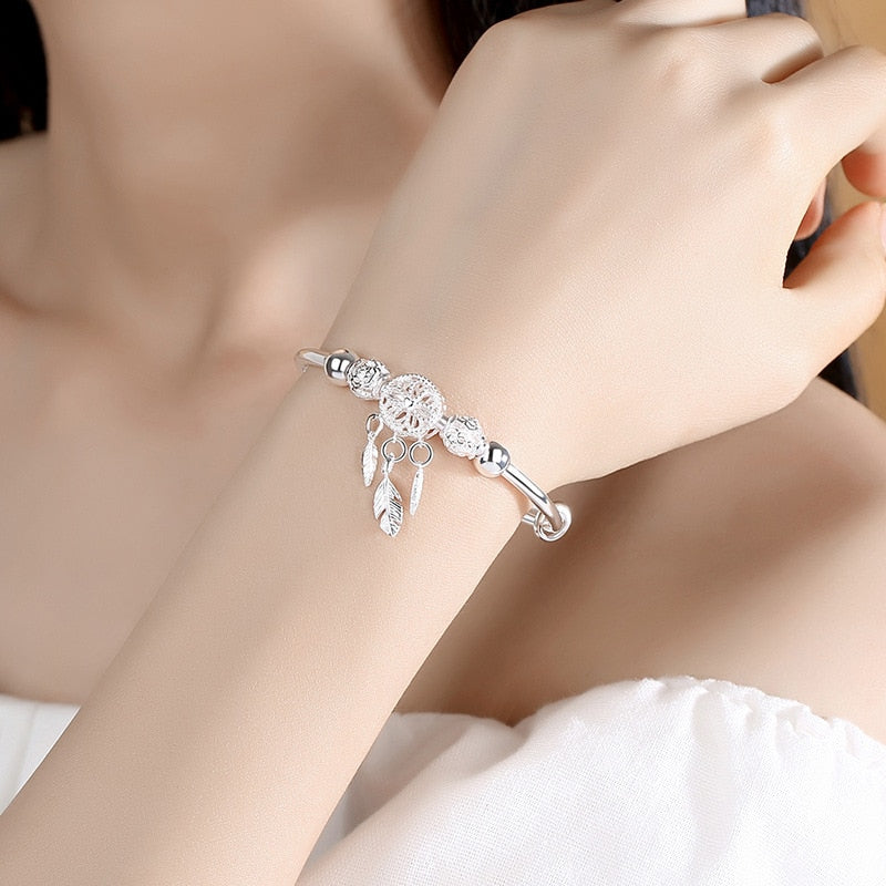 Feather Round Bead Charm Bracelet-3