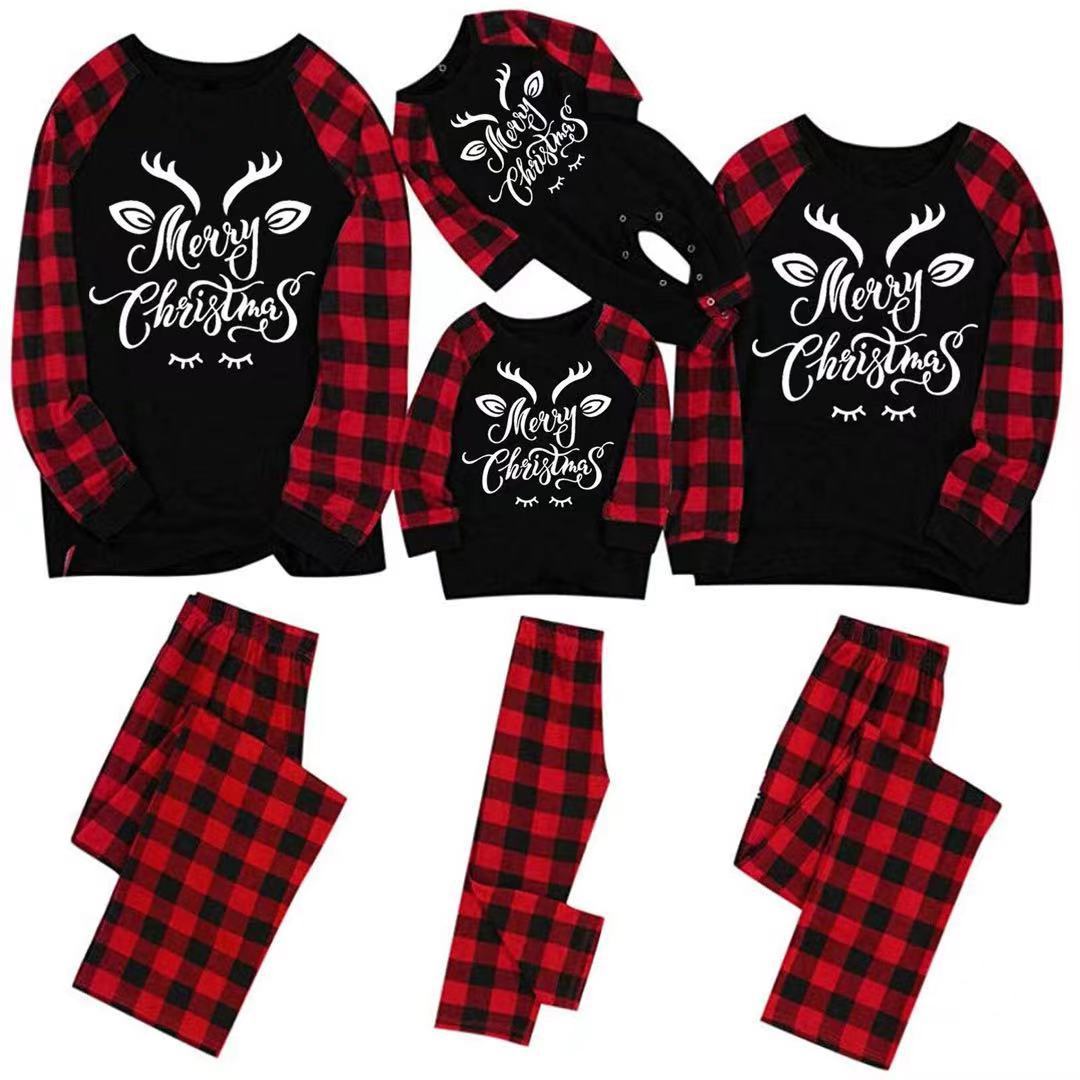 2022 New Merry Christmas Antlers Top And Plaid Pants Family Parent-child Pajamas Homewear