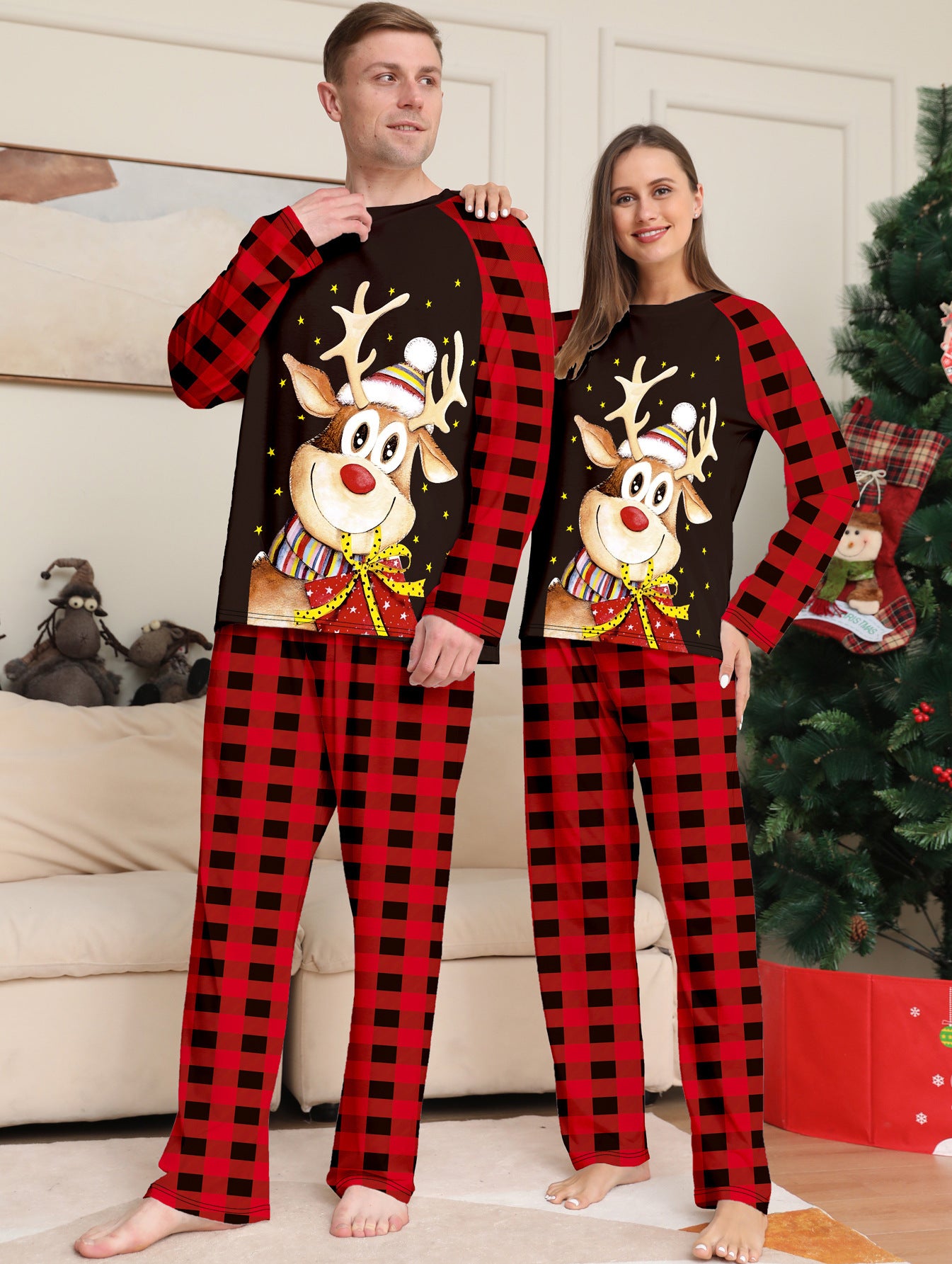 Fawn Cartoon Print Holiday Home Clothing New Plaid Christmas Parent-child Suit Pajamas
