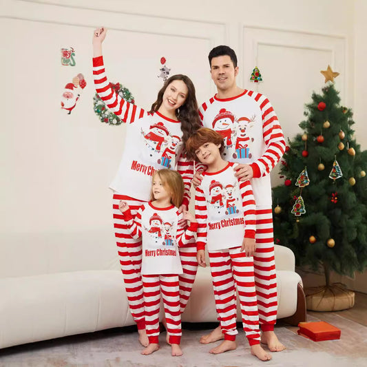 Parent-Child Home Suit Christmas Fawn Snowman Parent-Child Suit Red And White Striped Patchwork Printed Pajamas Two-Piece Set