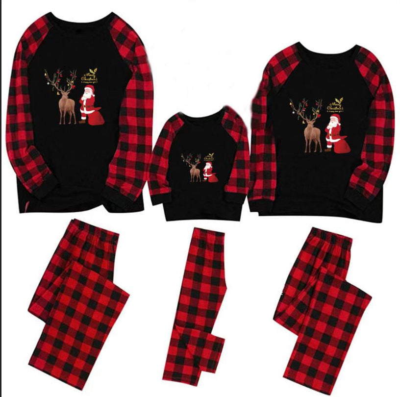 2022 New Merry Christmas Antlers Top And Plaid Pants Family Parent-child Pajamas Homewear