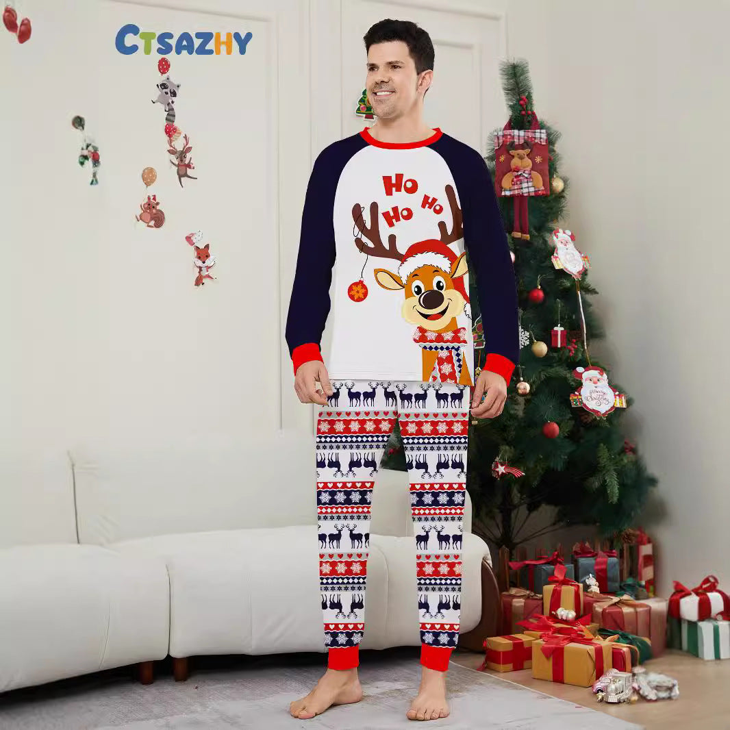 2024 European And American Cross-border New Christmas Fawn Snowflake Letter Striped Christmas Kiss Clothes Printed Home Clothes Sleeping