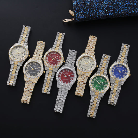 Men&#039;s High-End Full Diamond Cross-Border Steel Band Fashion Rhinestone Calendar Quartz Watch Starry Men&#039;s Watch