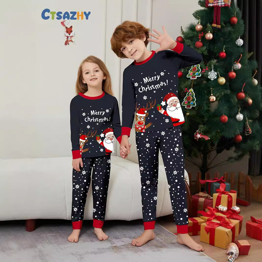 2024 Europe And The United States Cross-border New Santa Claus Deer Letters Christmas Parent-child Printed Home Clothes Sleep