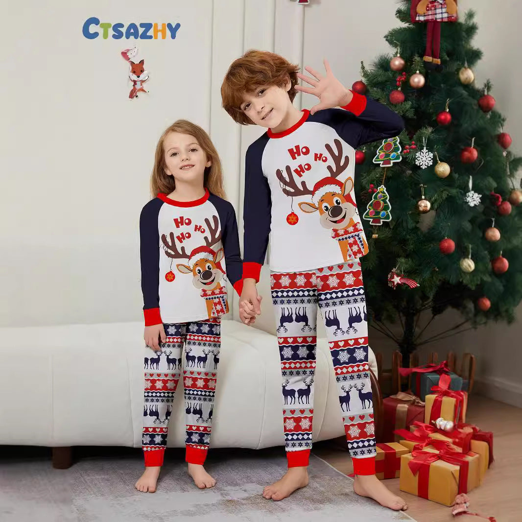 2024 European And American Cross-border New Christmas Fawn Snowflake Letter Striped Christmas Kiss Clothes Printed Home Clothes Sleeping