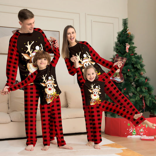Fawn Cartoon Print Holiday Home Clothing New Plaid Christmas Parent-child Suit Pajamas