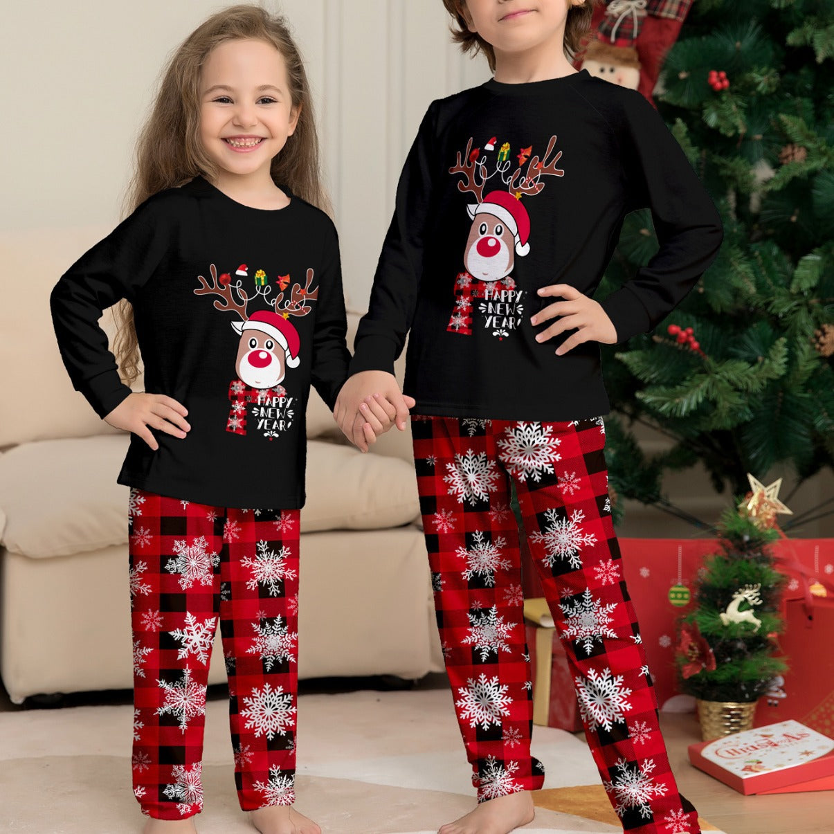 Cartoon Snowflake And Deer Print Christmas Home Wear Pajamas