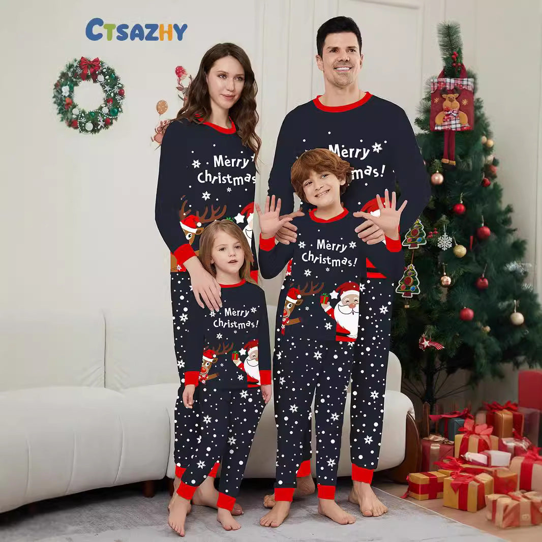 2024 Europe And The United States Cross-border New Santa Claus Deer Letters Christmas Parent-child Printed Home Clothes Sleep