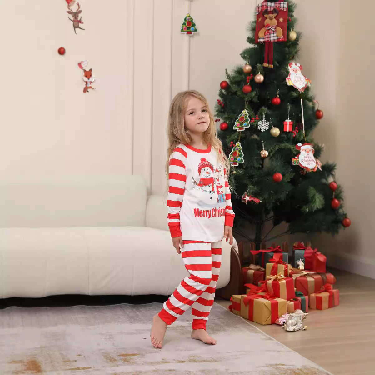 Parent-Child Home Suit Christmas Fawn Snowman Parent-Child Suit Red And White Striped Patchwork Printed Pajamas Two-Piece Set