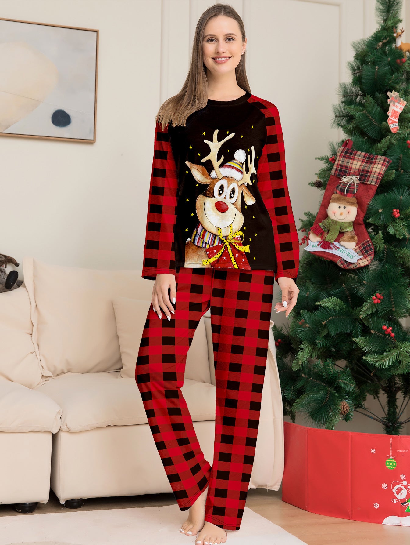 Fawn Cartoon Print Holiday Home Clothing New Plaid Christmas Parent-child Suit Pajamas