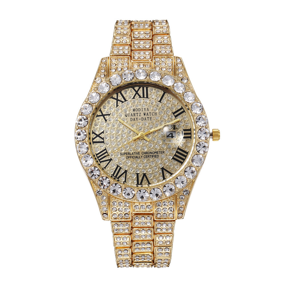 Men&#039;s High-End Full Diamond Cross-Border Steel Band Fashion Rhinestone Calendar Quartz Watch Starry Men&#039;s Watch