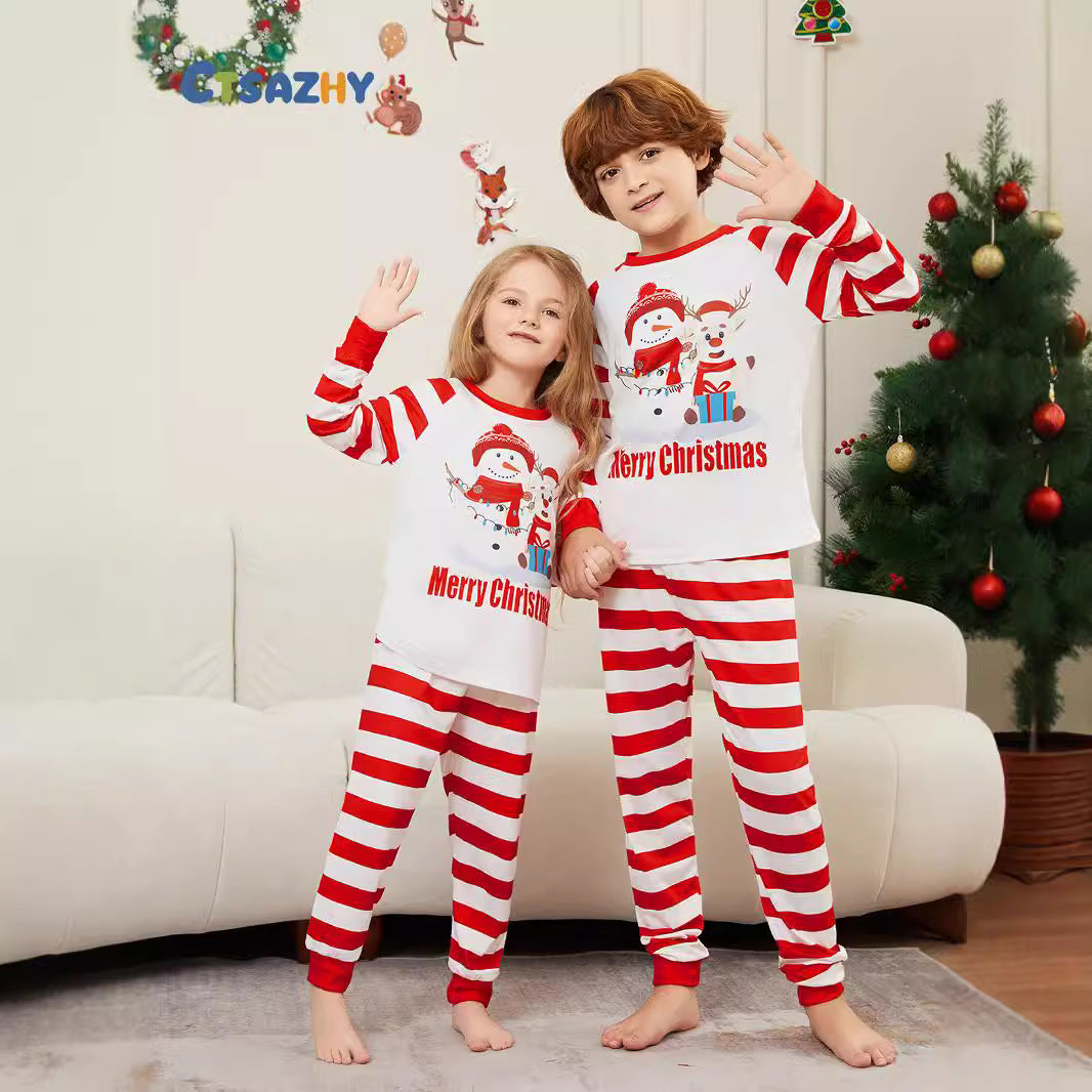 Parent-Child Home Suit Christmas Fawn Snowman Parent-Child Suit Red And White Striped Patchwork Printed Pajamas Two-Piece Set