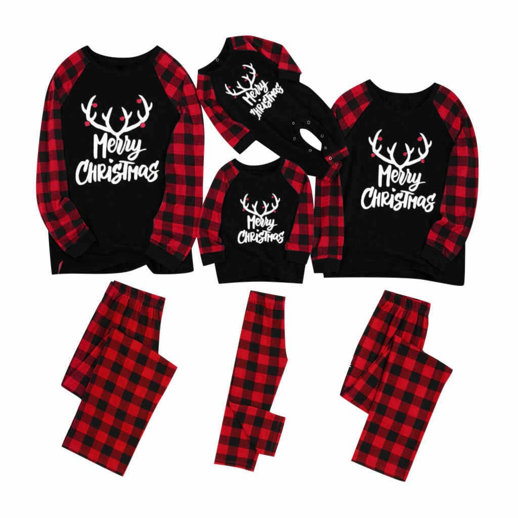 2022 New Merry Christmas Antlers Top And Plaid Pants Family Parent-child Pajamas Homewear