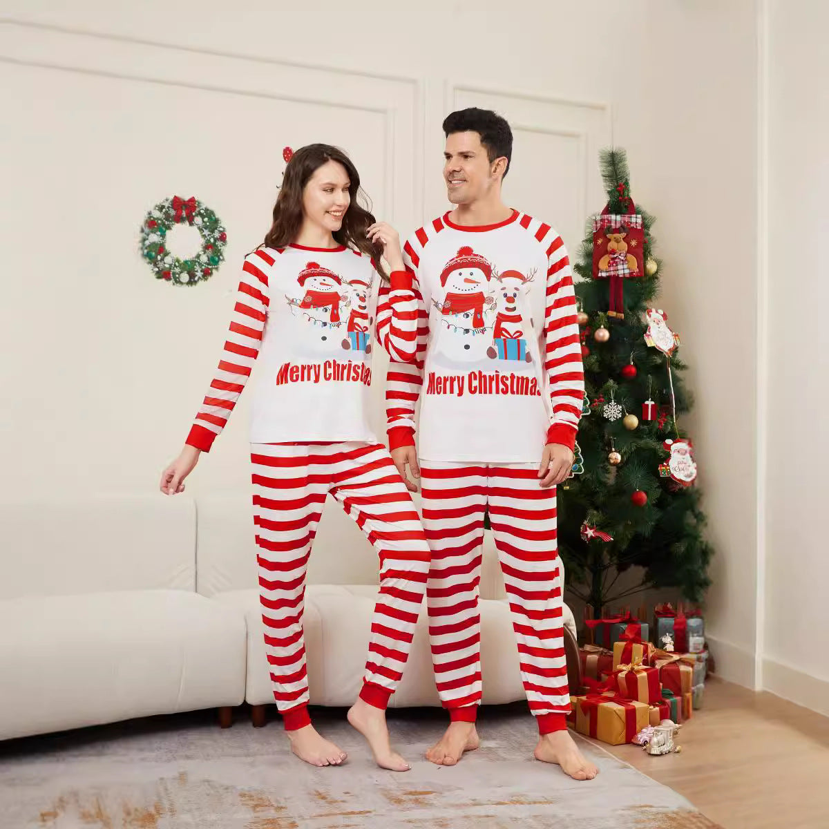 Parent-Child Home Suit Christmas Fawn Snowman Parent-Child Suit Red And White Striped Patchwork Printed Pajamas Two-Piece Set