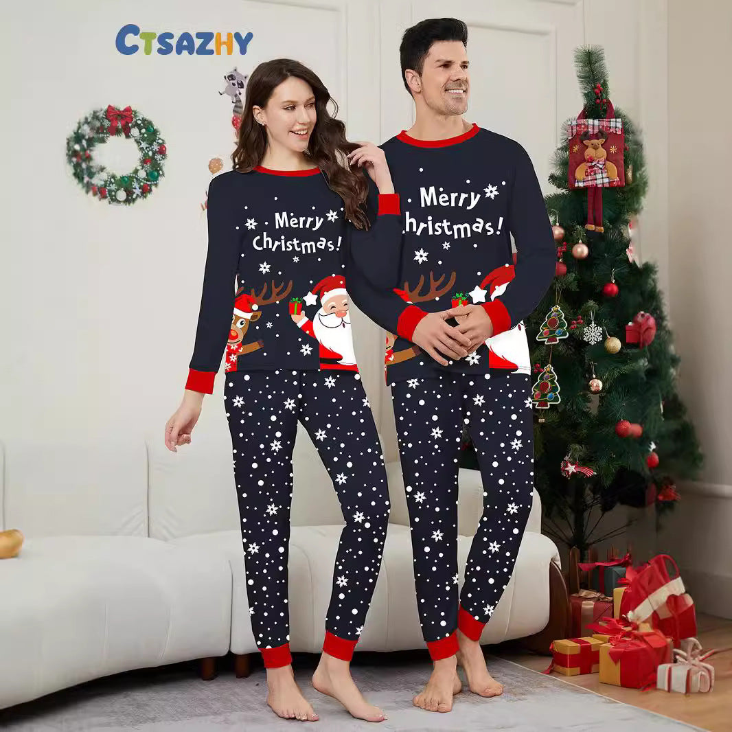 2024 Europe And The United States Cross-border New Santa Claus Deer Letters Christmas Parent-child Printed Home Clothes Sleep