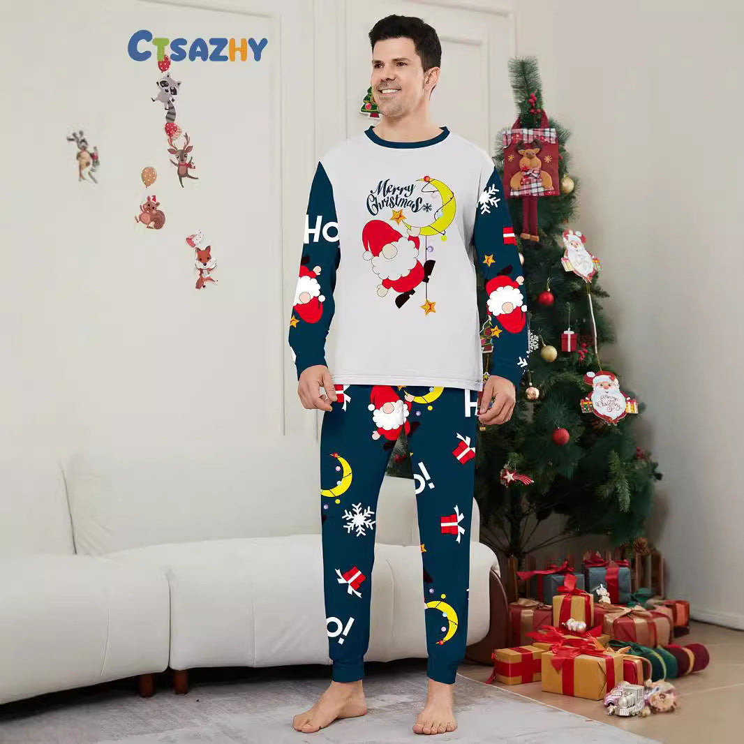 2024 Europe And The United States Cross-border New Santa Claus Letters Snowflake Christmas Parent-child Printed Home Clothes Pajamas