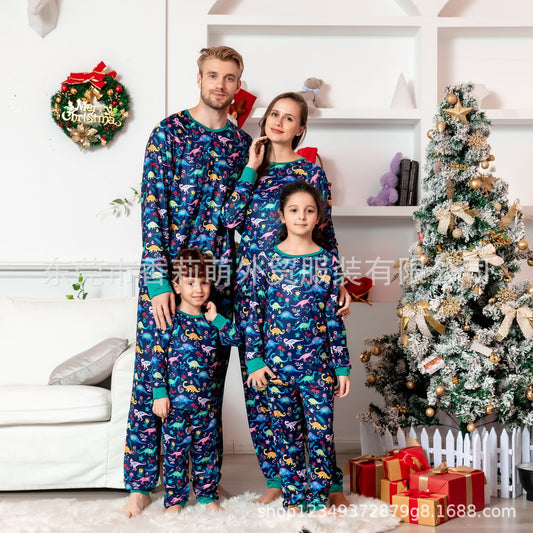 European And American New Parent-child Christmas Suits Parent-child Home Clothes Cartoon Dinosaur Printing Family Of Four Christmas Clothes