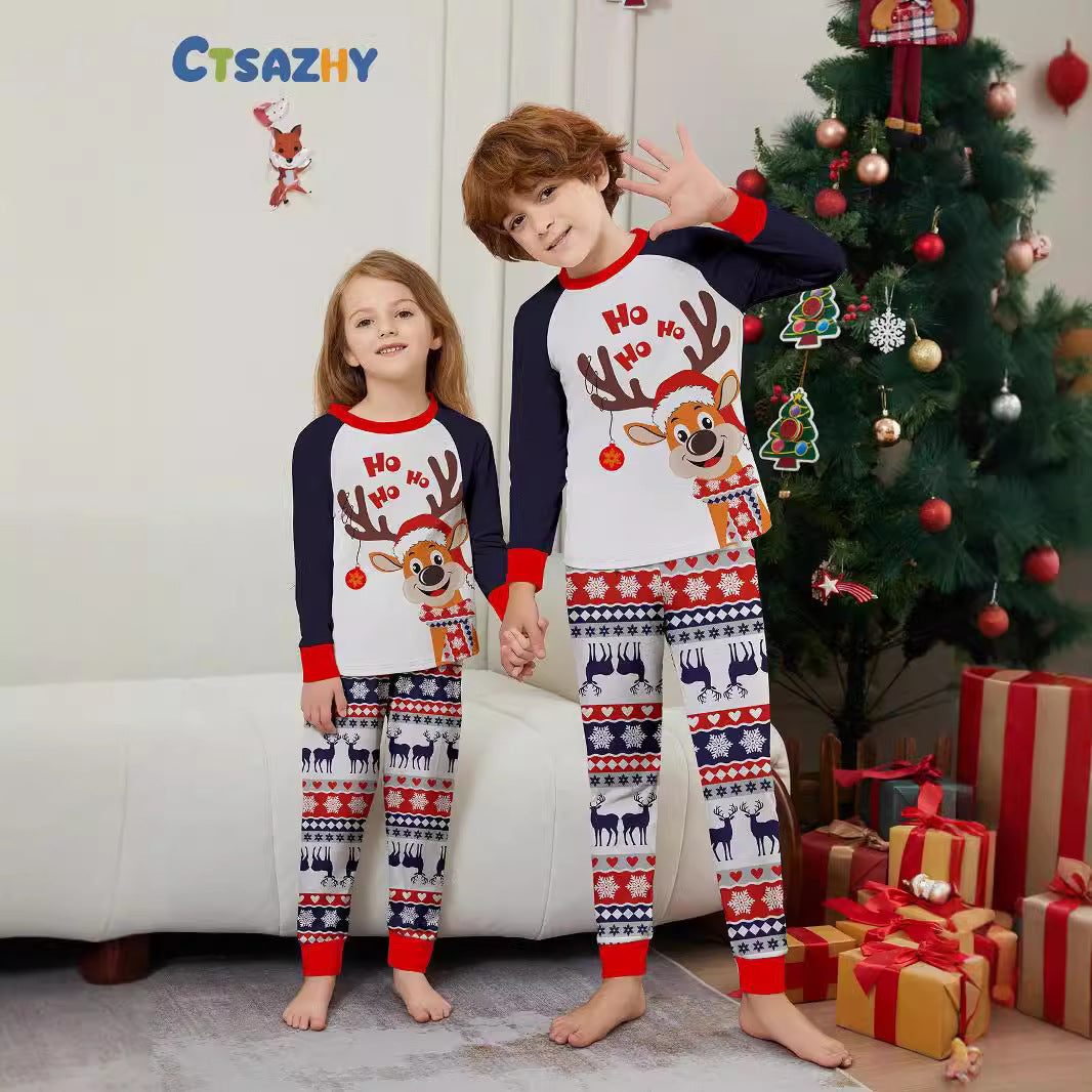 Parent-Child Home Clothes New Christmas Fawn Parent-Child Set Family Of Four Five Round Neck Long Sleeve Printed Pajamas