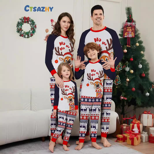 Parent-Child Home Clothes New Christmas Fawn Parent-Child Set Family Of Four Five Round Neck Long Sleeve Printed Pajamas