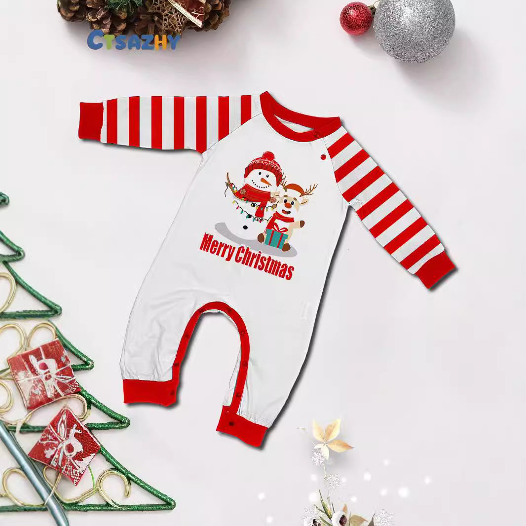 Parent-Child Home Suit Christmas Fawn Snowman Parent-Child Suit Red And White Striped Patchwork Printed Pajamas Two-Piece Set