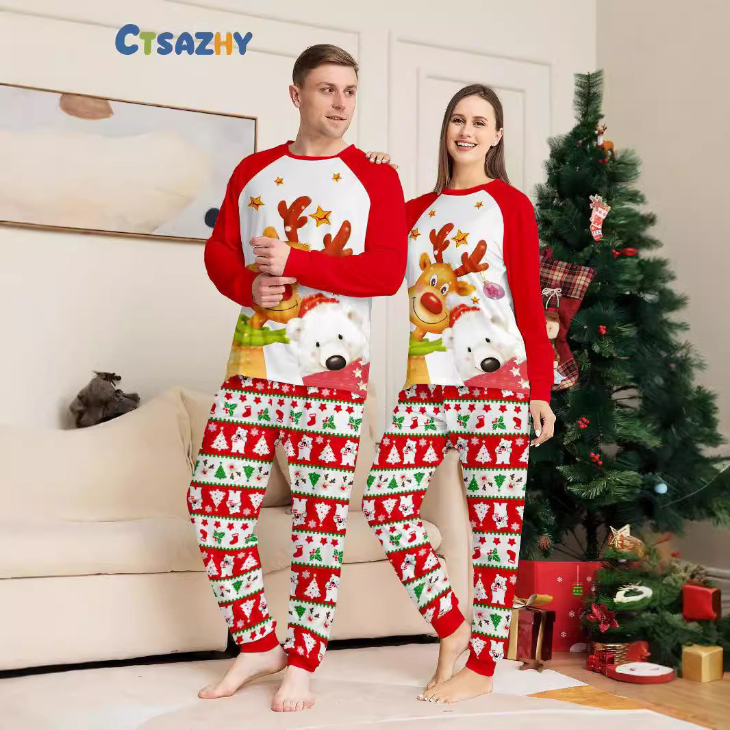 2024 European And American Cross-border New Christmas Fawn Snowflake Bear Christmas Parin-child Clothes Printed Home Clothes Pajamas