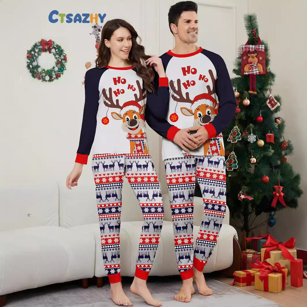 Parent-Child Home Clothes New Christmas Fawn Parent-Child Set Family Of Four Five Round Neck Long Sleeve Printed Pajamas