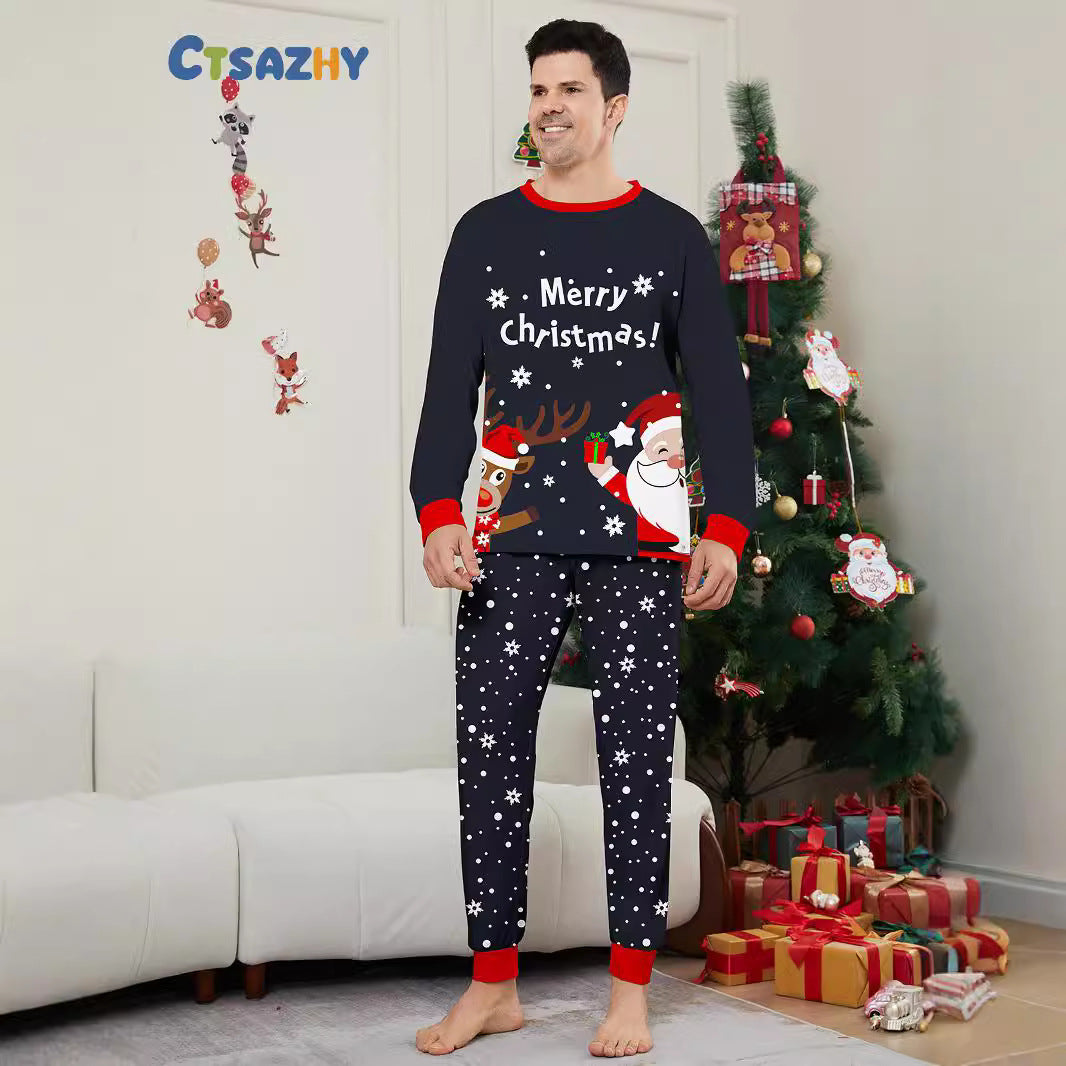 2024 Europe And The United States Cross-border New Santa Claus Deer Letters Christmas Parent-child Printed Home Clothes Sleep