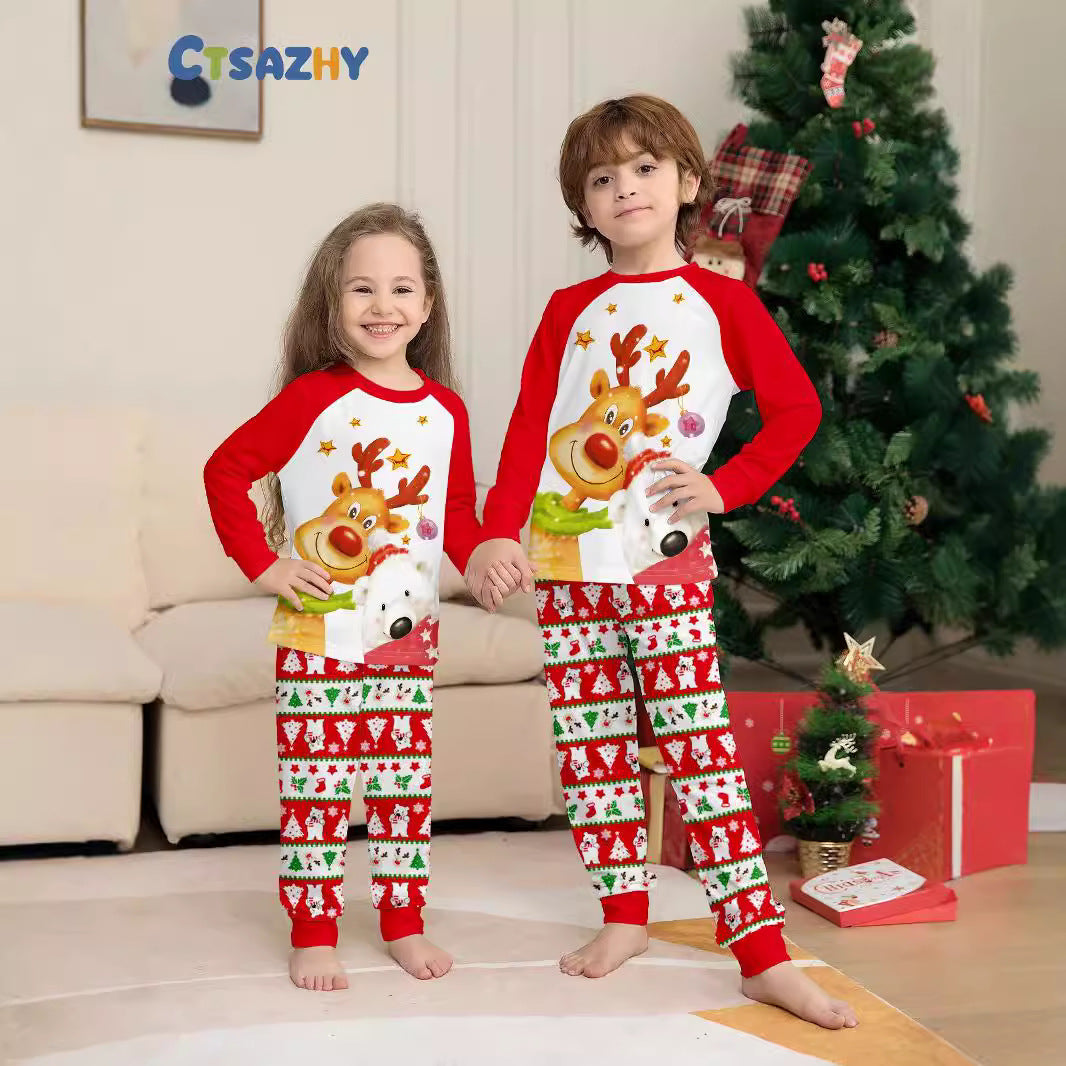 2024 European And American Cross-border New Christmas Fawn Snowflake Bear Christmas Parin-child Clothes Printed Home Clothes Pajamas