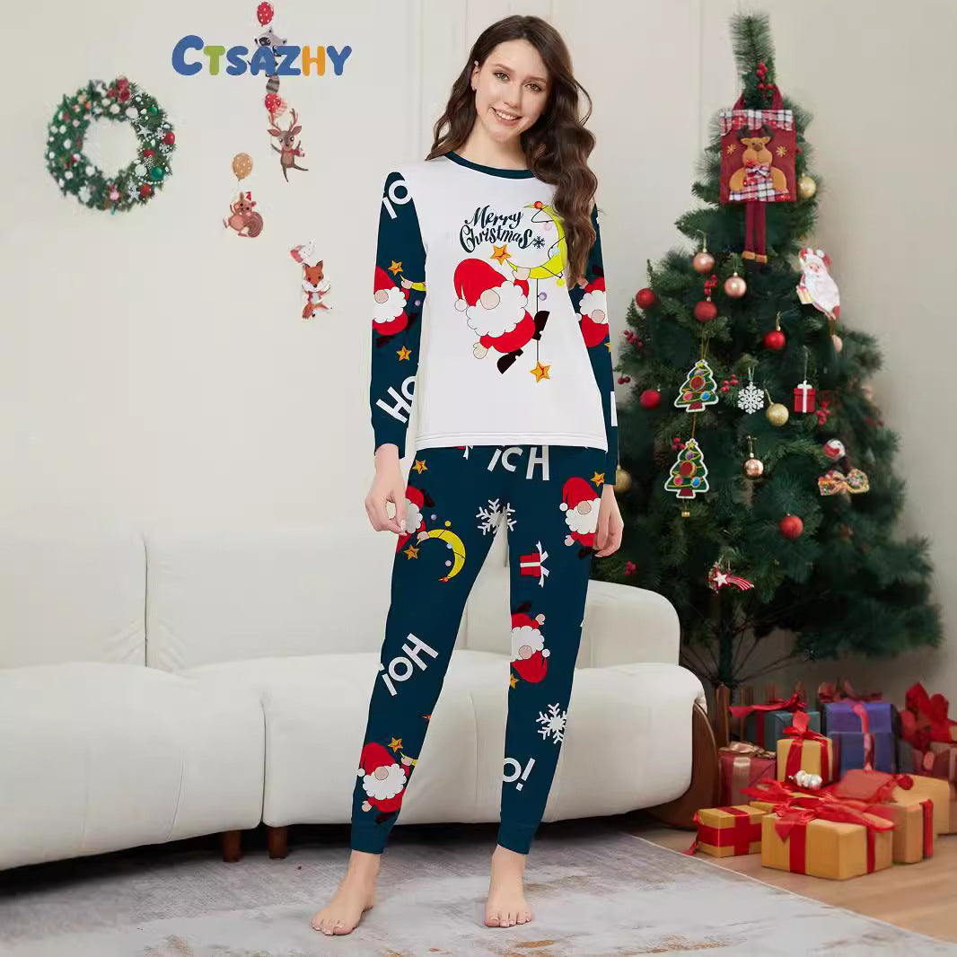 2024 Europe And The United States Cross-border New Santa Claus Letters Snowflake Christmas Parent-child Printed Home Clothes Pajamas