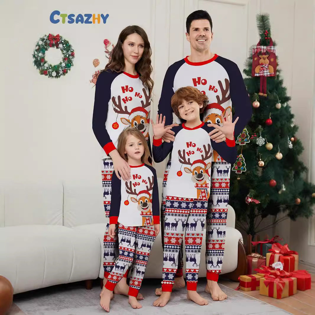 2024 European And American Cross-border New Christmas Fawn Snowflake Letter Striped Christmas Kiss Clothes Printed Home Clothes Sleeping
