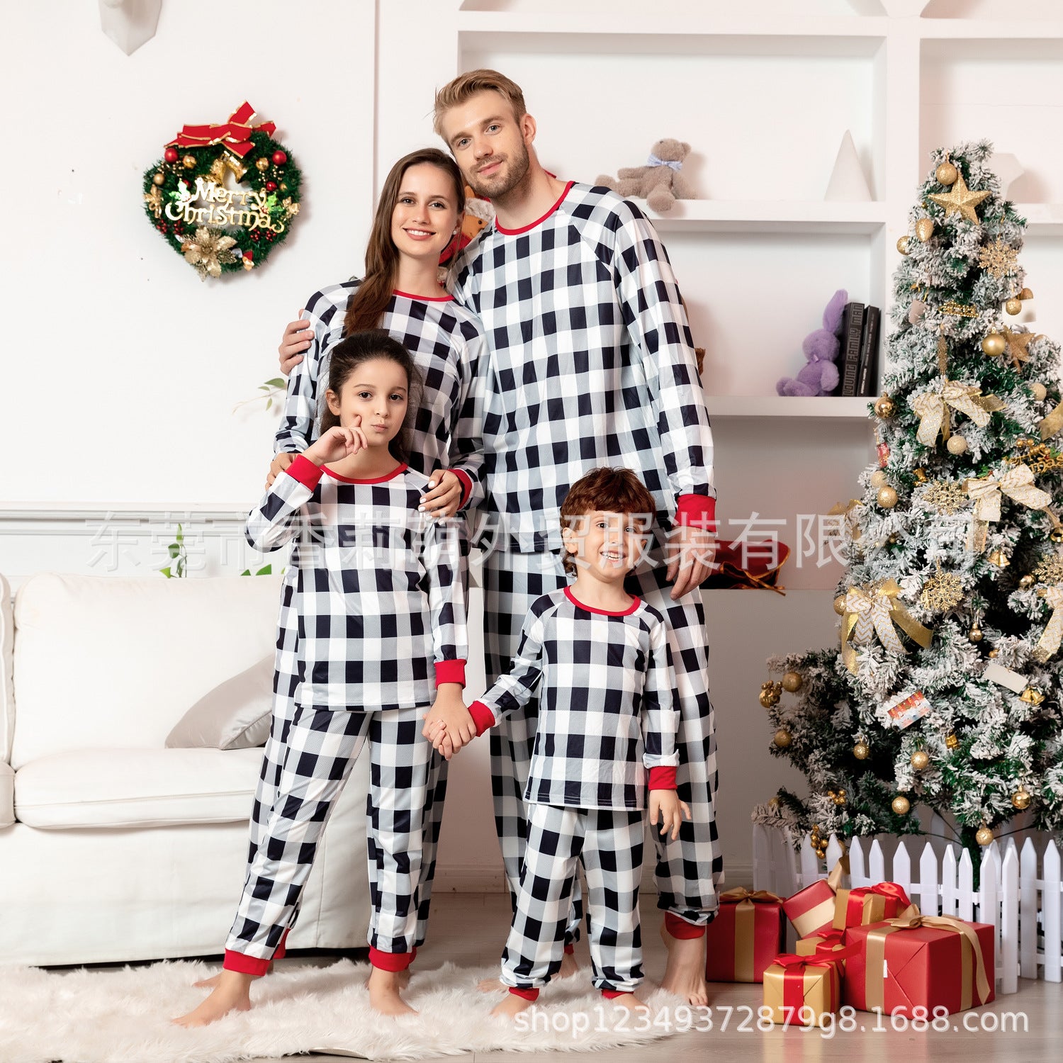 New Family Christmas Parent-child Pajamas Plaid White Family Four Seasons Style Home Clothes
