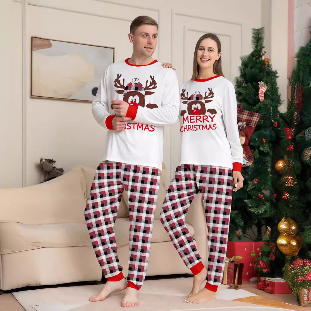 Deer Head Letter Printed Christmas Parent-child Clothes Amazon New Plaid Two-piece Long-sleeved Home Clothes