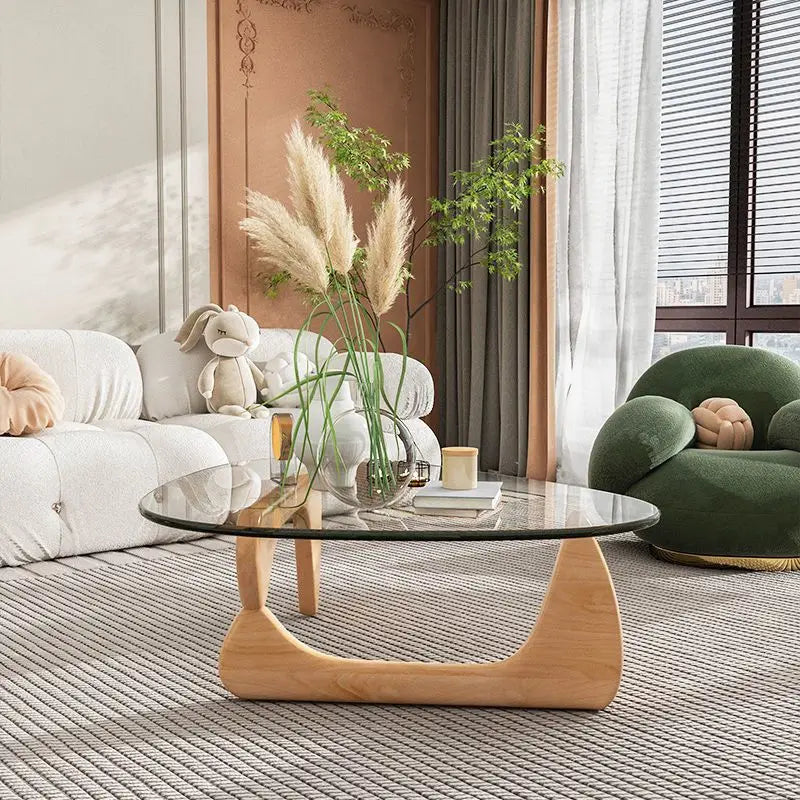 Triangle Glass Coffee Table - Solid Wood Base, Minimalist Nordic Design-3