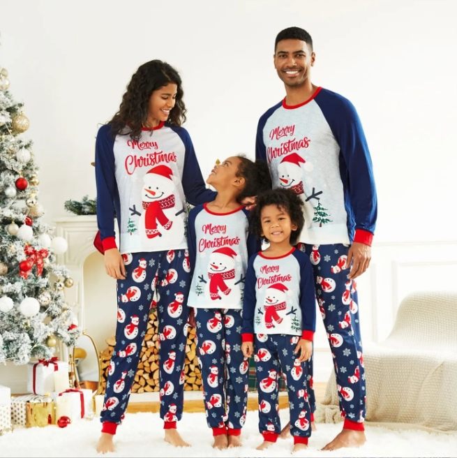 New Year Winter Christmas Parent-Child Clothes Home Clothes White Snowman Cartoon Family Of Three Four Christmas Pajamas