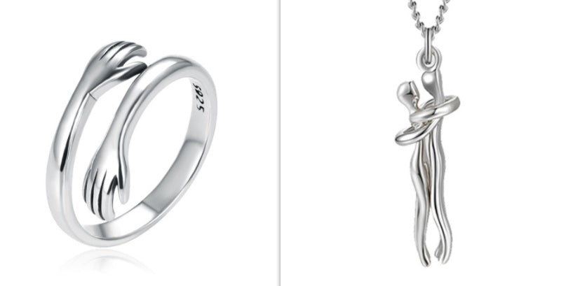 925 Sterling Silver Two-handed Hug Ring Female Retro Thai Silver Simple Ring