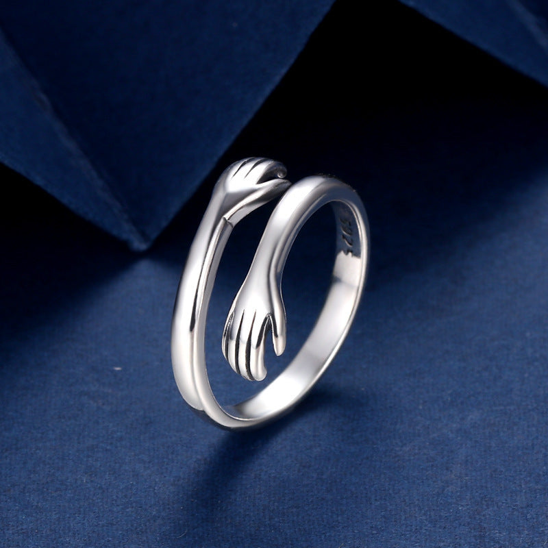 925 Sterling Silver Two-handed Hug Ring Female Retro Thai Silver Simple Ring